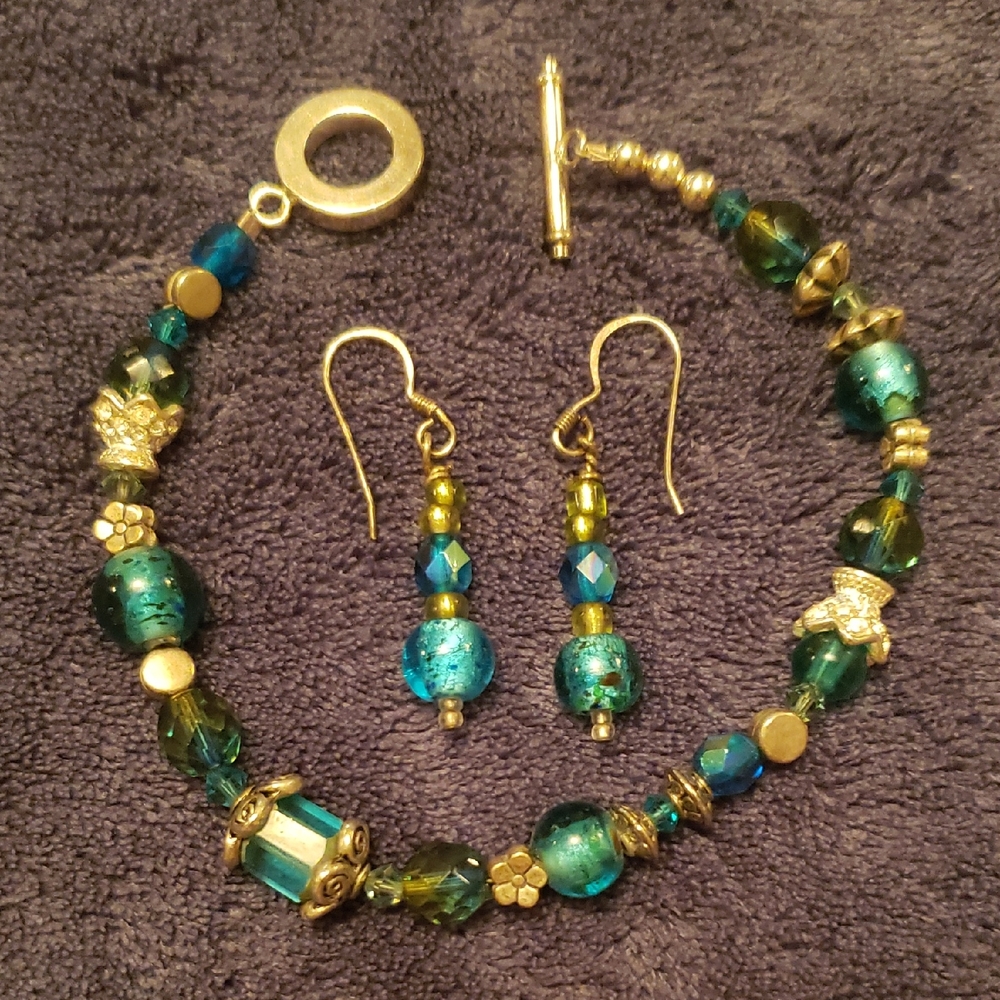 Elegant Gold, Blue, and Green Hand-Beaded Jewelry Set